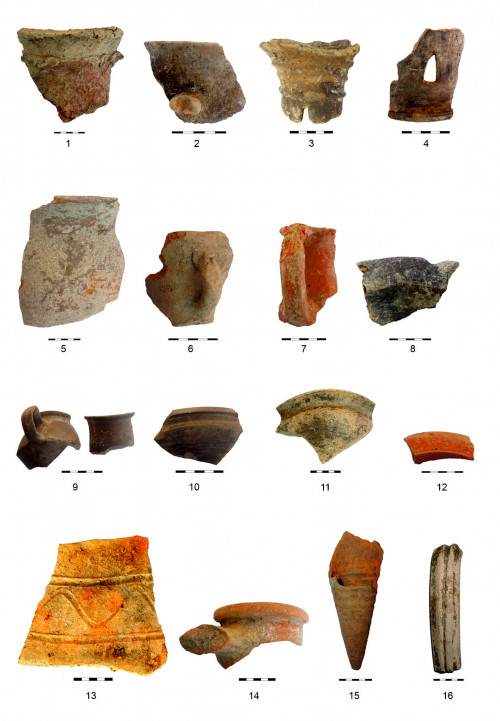 Pl. 3. Gura Vitioarei, jud. Prahova. Fragmente ceramice descoperite in cursul cercetărilor (1-8. Lucrate la mână; 9-16. Lucrate la roată)